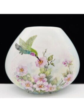 Hand-Painted Porcelain Vase Hummingbird & Floral Design 5.75" High 7" Wide